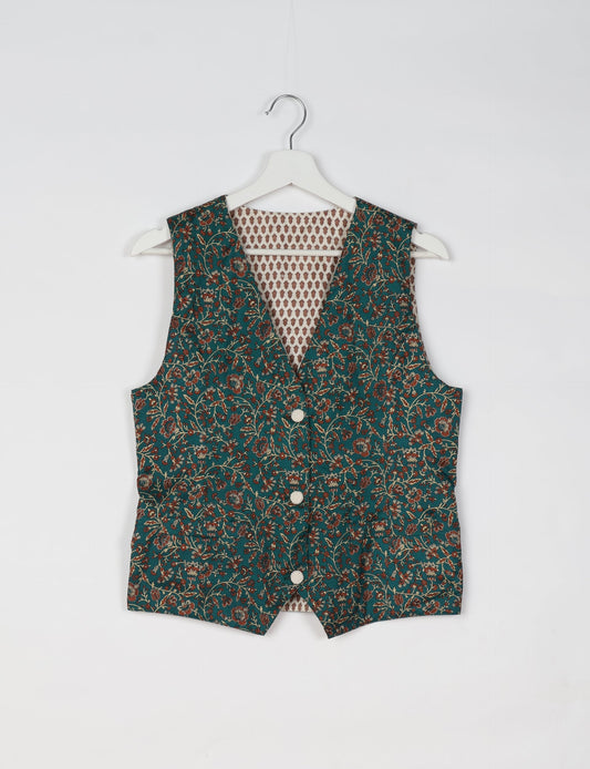 Day Waistcoat made from repurposed saris with macramé-covered buttons, showcasing eco clothing and recycled sari fashion for an eco-friendly, upcycled women's garment.