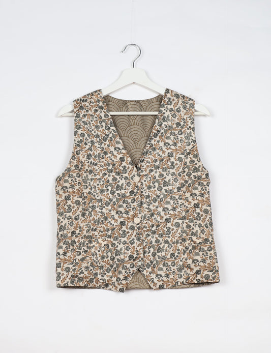 Day Waistcoat made from repurposed saris with macramé-covered buttons, showcasing eco clothing and recycled sari fashion for an eco-friendly, upcycled women's garment.