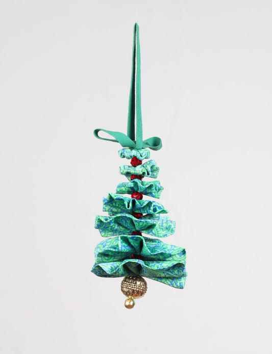 Tree Christmas Ornament crafted from upcycled materials, showcasing sustainable fashion and eco-friendly design, a delightful addition to holiday décor made from recycled and repurposed fabrics.