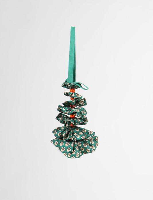 Tree Christmas Ornament crafted from upcycled materials, showcasing sustainable fashion and eco-friendly design, a delightful addition to holiday décor made from recycled and repurposed fabrics.