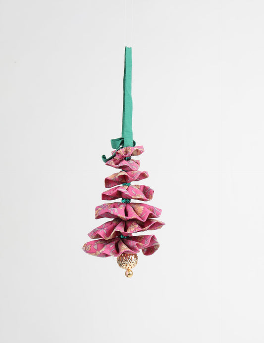Tree Christmas Ornament crafted from upcycled materials, showcasing sustainable fashion and eco-friendly design, a delightful addition to holiday décor made from recycled and repurposed fabrics.