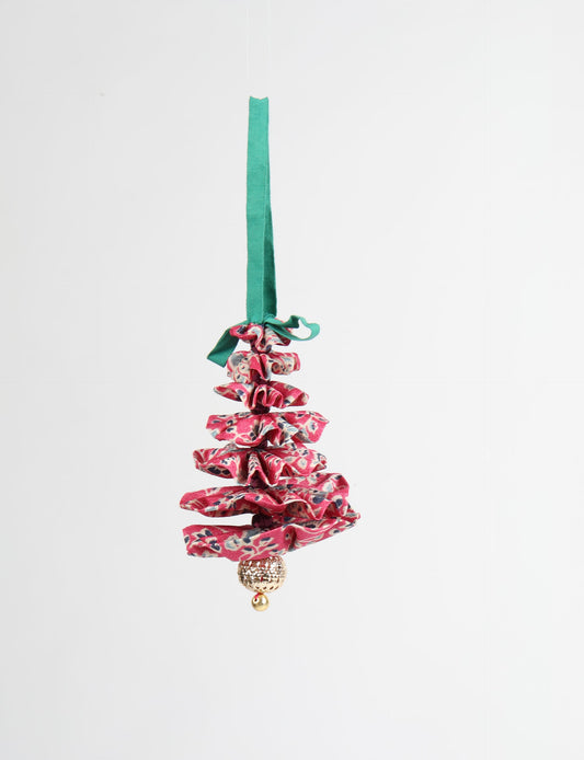 Tree Christmas Ornament crafted from upcycled materials, showcasing sustainable fashion and eco-friendly design, a delightful addition to holiday décor made from recycled and repurposed fabrics.