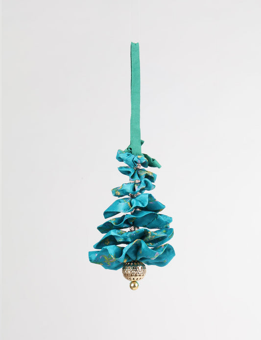 Tree Christmas Ornament crafted from upcycled materials, showcasing sustainable fashion and eco-friendly design, a delightful addition to holiday décor made from recycled and repurposed fabrics.