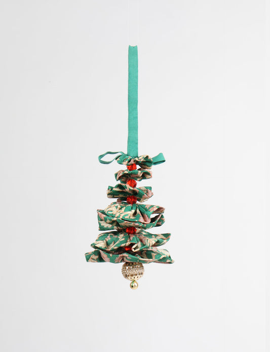 Tree Christmas Ornament crafted from upcycled materials, showcasing sustainable fashion and eco-friendly design, a delightful addition to holiday décor made from recycled and repurposed fabrics.