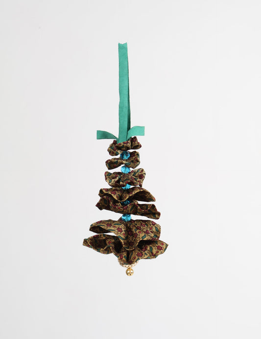 Tree Christmas Ornament crafted from upcycled materials, showcasing sustainable fashion and eco-friendly design, a delightful addition to holiday décor made from recycled and repurposed fabrics.