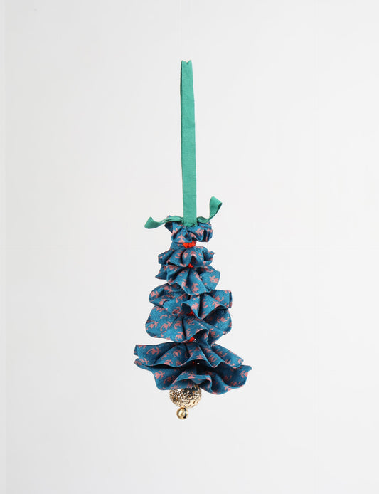 Tree Christmas Ornament crafted from upcycled materials, showcasing sustainable fashion and eco-friendly design, a delightful addition to holiday décor made from recycled and repurposed fabrics.
