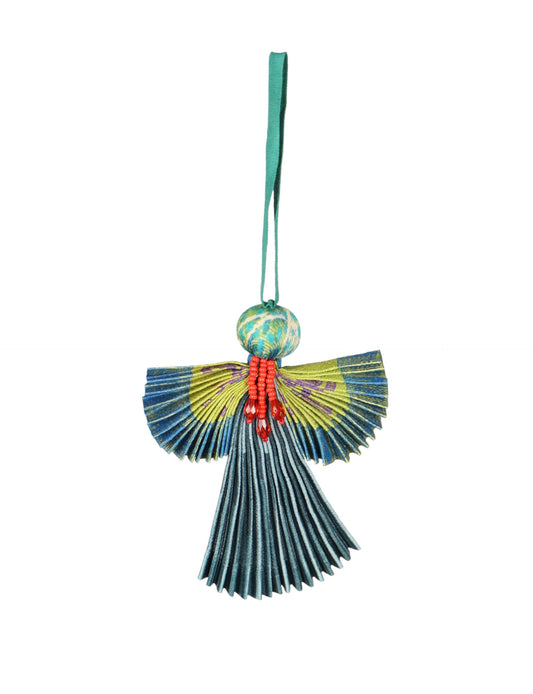Angel Christmas Ornament made from upcycled saris, featuring pleated arms and body. A sustainable, eco-friendly holiday decoration, embodying recycled fashion and upcycling in festive style.





