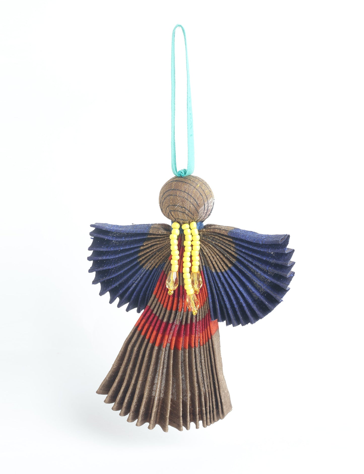 Angel Christmas Ornament made from upcycled saris, featuring pleated arms and body. A sustainable, eco-friendly holiday decoration, embodying recycled fashion and upcycling in festive style.





