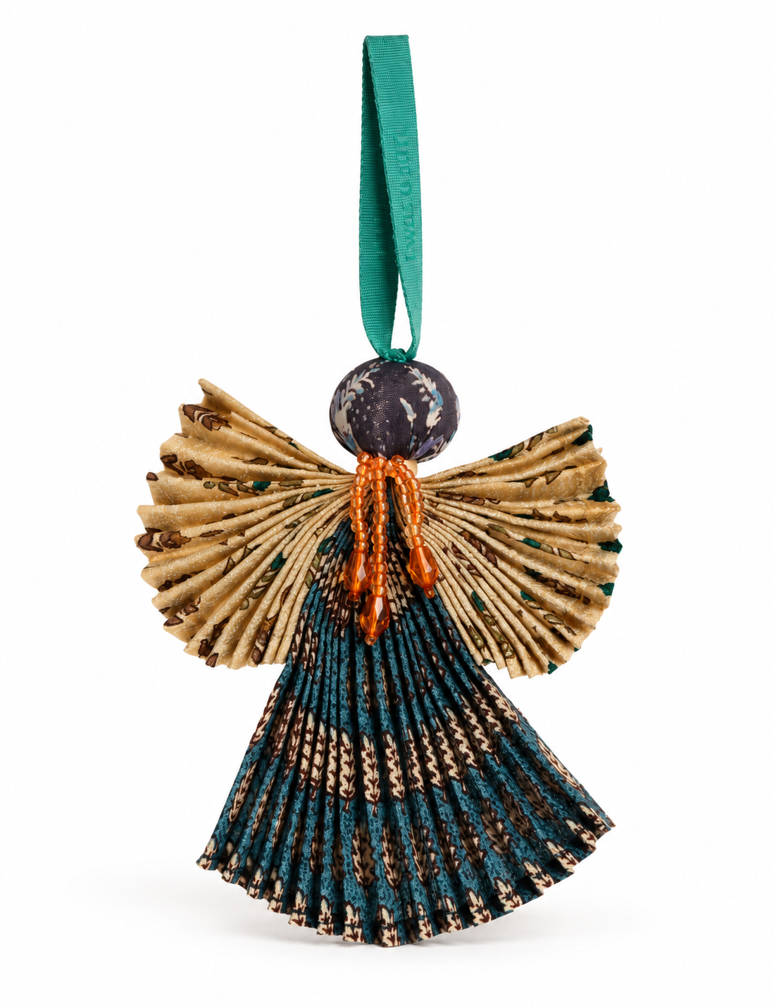 Angel Christmas Ornament made from upcycled saris, featuring pleated arms and body. A sustainable, eco-friendly holiday decoration, embodying recycled fashion and upcycling in festive style.





