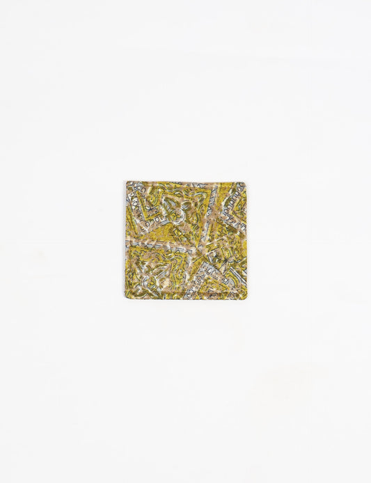 Colorful square-shaped corner bookmark made from recycled sari textiles, representing repurposed clothing, fair trade fashion, and ethical fashion. An earth-friendly product made from textile waste, aligning with carbon neutral clothing values.