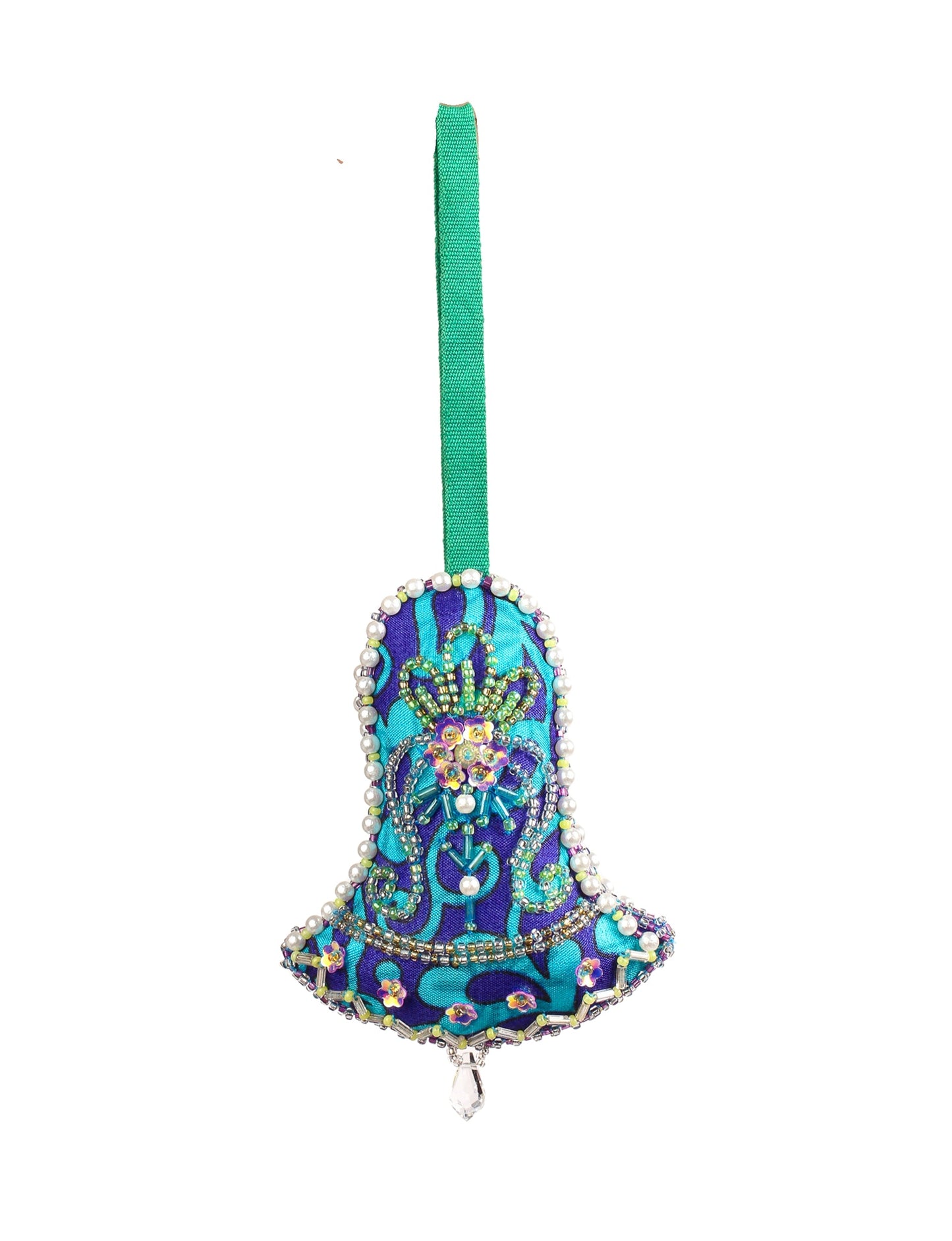 Blue and turquoise fabric bell ornament with green beaded floral design, pearl trim, and green hanging loop, front view