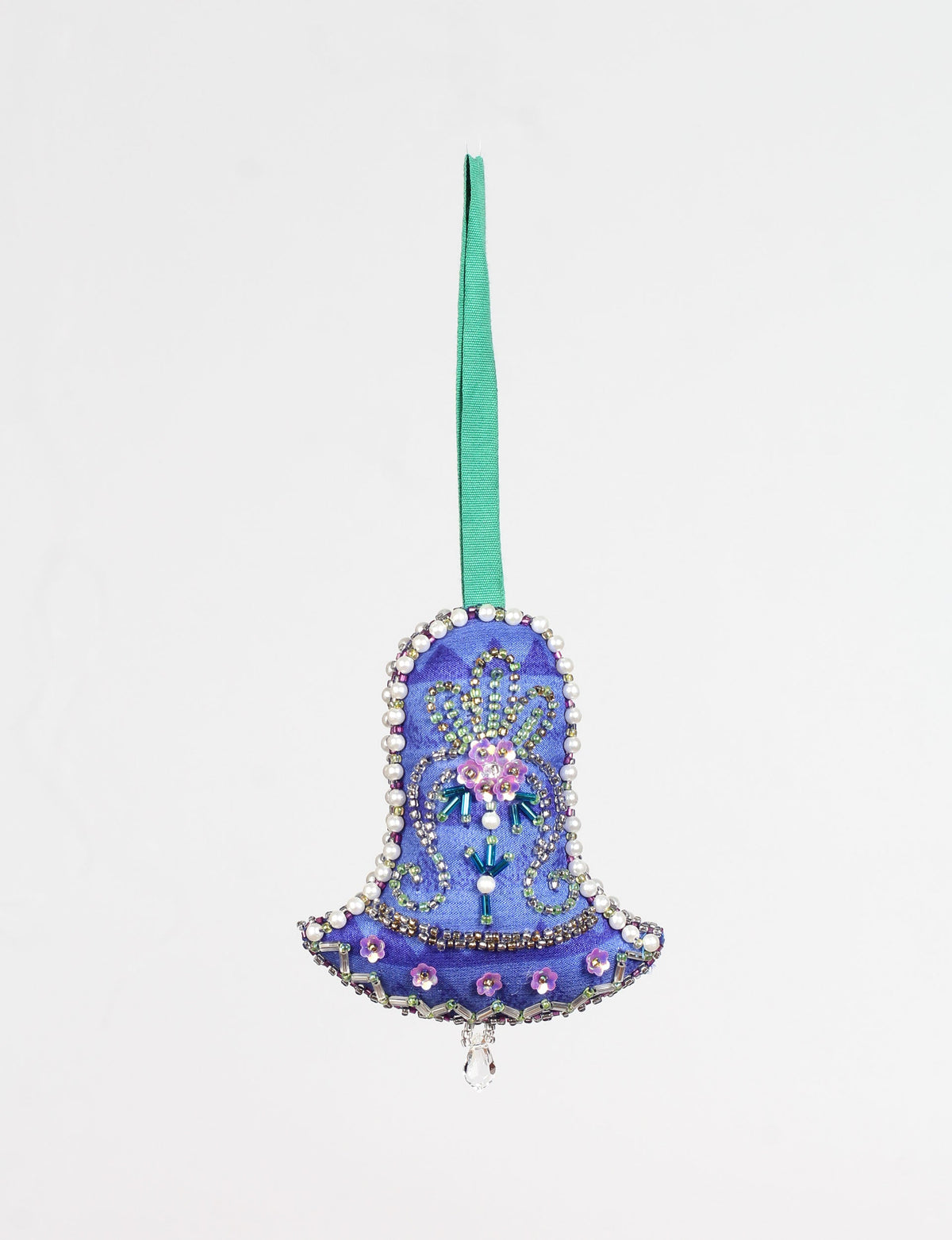 Blue fabric bell ornament with green ribbon hanger, decorated with beads, pearls, and sequined floral patterns, hanging flat