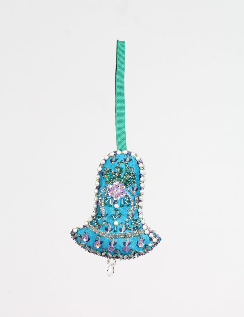 Blue fabric bell ornament with green, purple, and silver bead embroidery, pearl trim, and green hanging ribbon