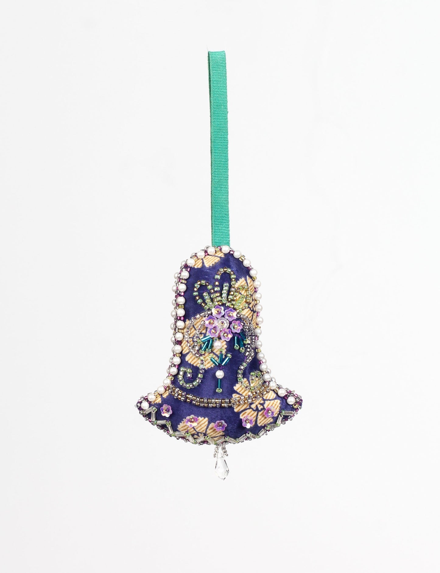 Blue fabric bell ornament with gold floral print, purple and green bead embroidery, pearl trim, and green hanging loop