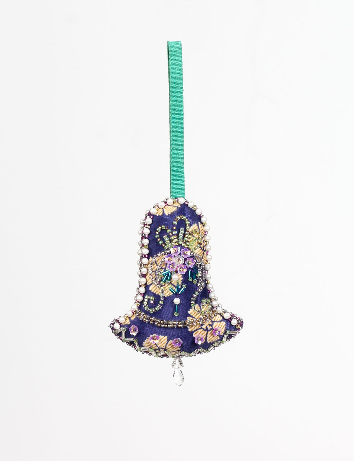 Blue fabric bell ornament with gold floral print, purple and green bead embroidery, pearl trim, and green hanging loop