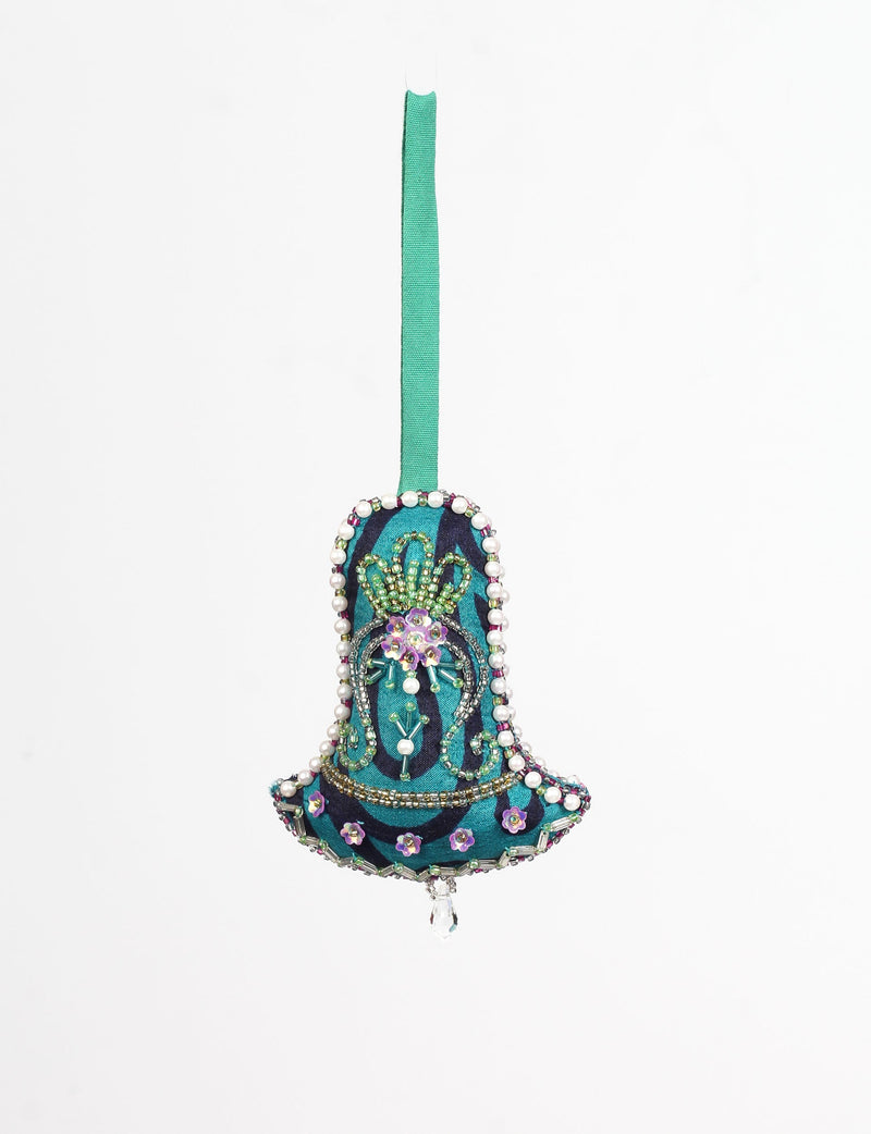 Blue fabric bell ornament with abstract pattern, decorated with beads, pearls, sequins, and a green hanging ribbon