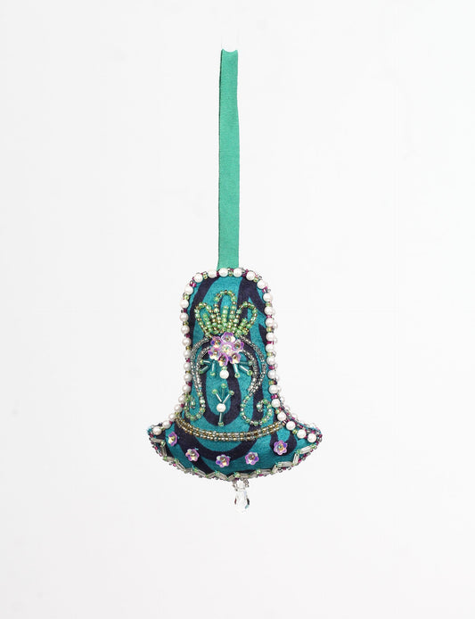 Bell-shaped Christmas ornament made from recycled saris, showcasing Aari embroidery, sustainable apparel, and green fashion. A celebration of upcycled clothing and eco-friendly products with a focus on sustainable women’s clothing and recycled fashion.