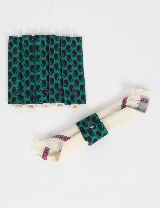 A set of 6 napkin rings made from repurposed saris, showcasing the beauty of sustainable fashion and upcycled materials. These stylish, eco-friendly rings with button closures are ideal for adding a touch of environmentally conscious elegance to your dining table.






