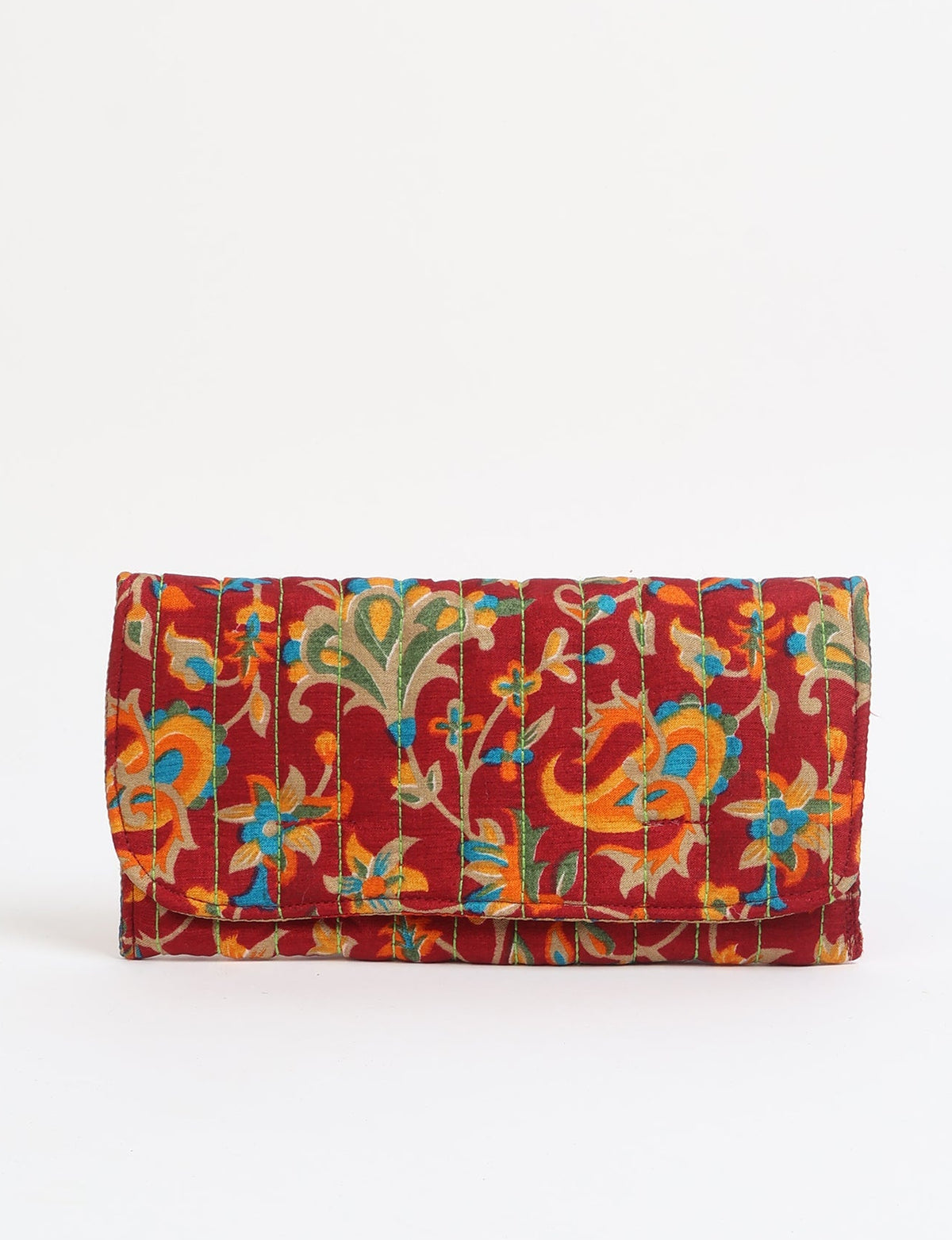 Quilted sunglasses case made from recycled sari products, featuring a secure magnetic closure. A chic example of ethical fashion, conscious clothing, and carbon neutral fashion. Protect your sunglasses while embracing circular fashion and upcycled garments.