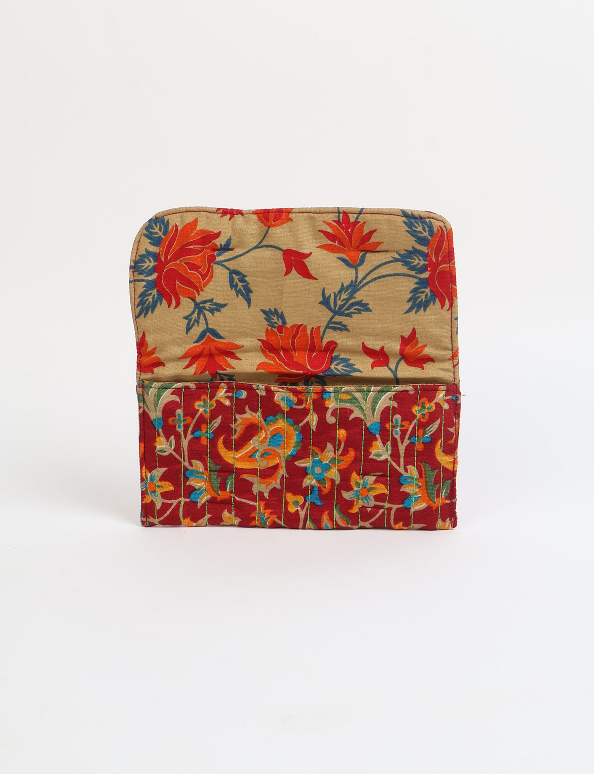 Quilted sunglasses case made from recycled sari products, featuring a secure magnetic closure. A chic example of ethical fashion, conscious clothing, and carbon neutral fashion. Protect your sunglasses while embracing circular fashion and upcycled garments.