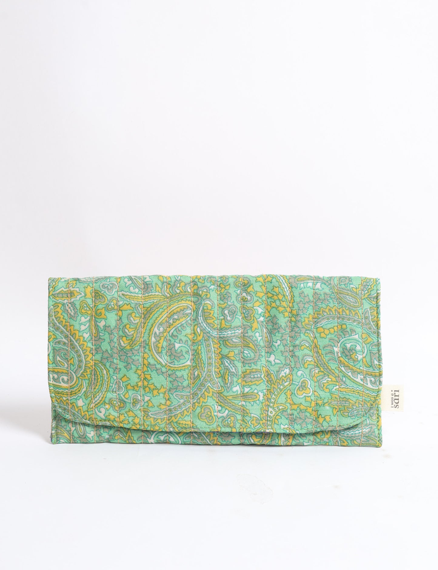 Quilted sunglasses case made from recycled sari products, featuring a secure magnetic closure. A chic example of ethical fashion, conscious clothing, and carbon neutral fashion. Protect your sunglasses while embracing circular fashion and upcycled garments.