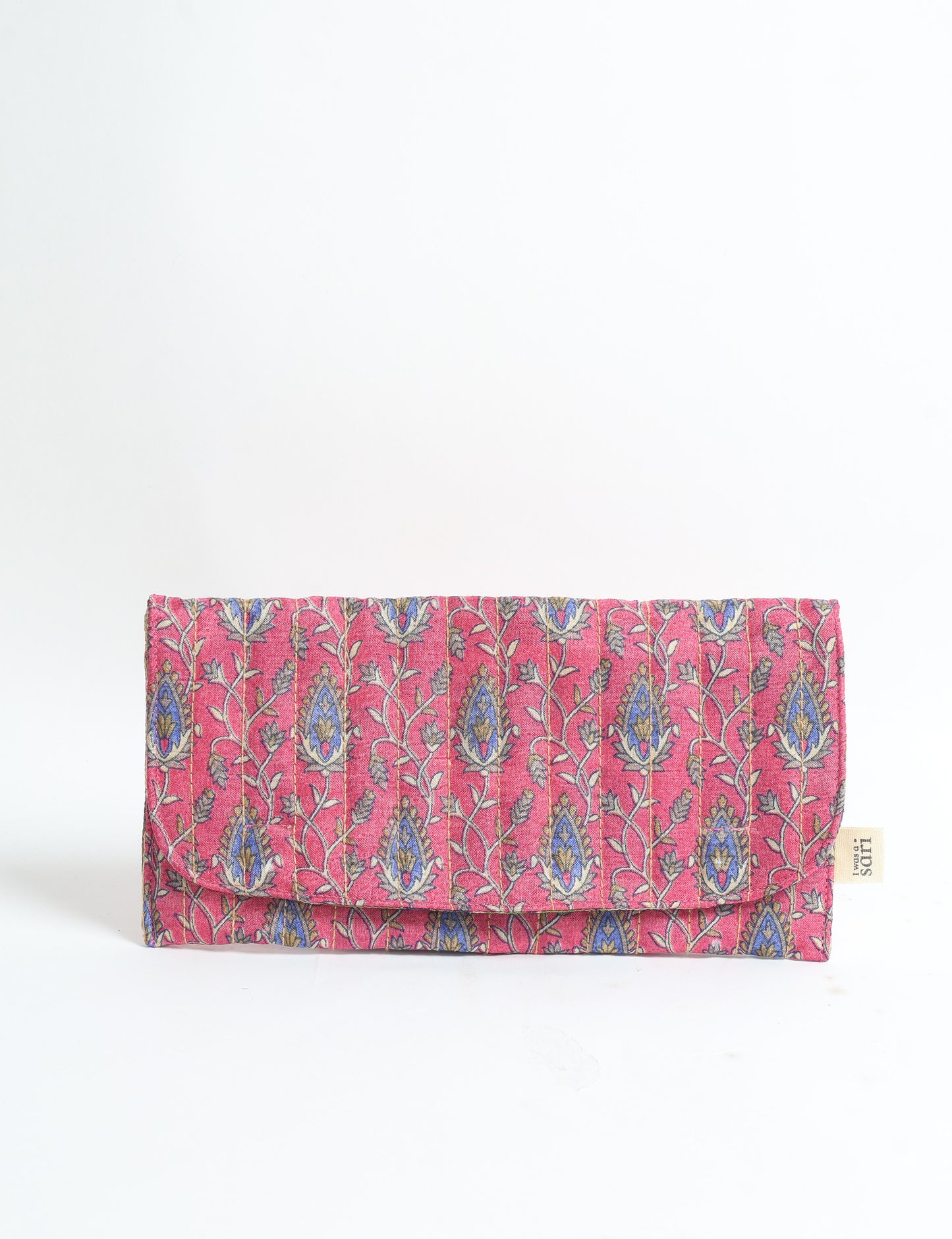 Quilted sunglasses case made from recycled sari products, featuring a secure magnetic closure. A chic example of ethical fashion, conscious clothing, and carbon neutral fashion. Protect your sunglasses while embracing circular fashion and upcycled garments.