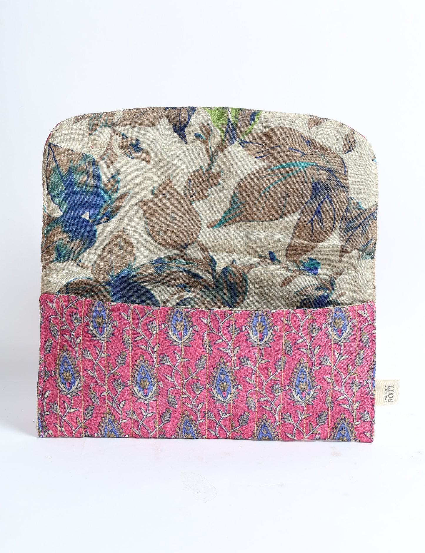 Quilted sunglasses case made from recycled sari products, featuring a secure magnetic closure. A chic example of ethical fashion, conscious clothing, and carbon neutral fashion. Protect your sunglasses while embracing circular fashion and upcycled garments.