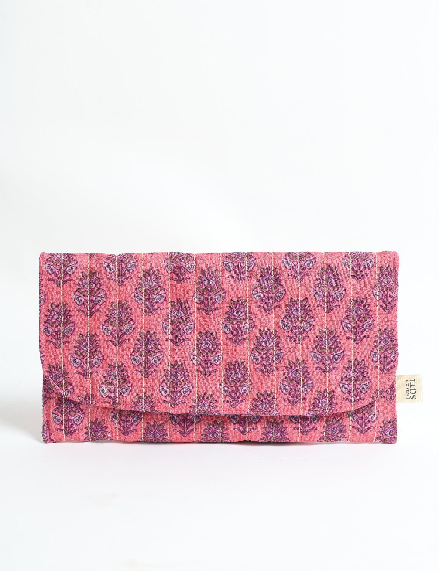 Quilted sunglasses case made from recycled sari products, featuring a secure magnetic closure. A chic example of ethical fashion, conscious clothing, and carbon neutral fashion. Protect your sunglasses while embracing circular fashion and upcycled garments.