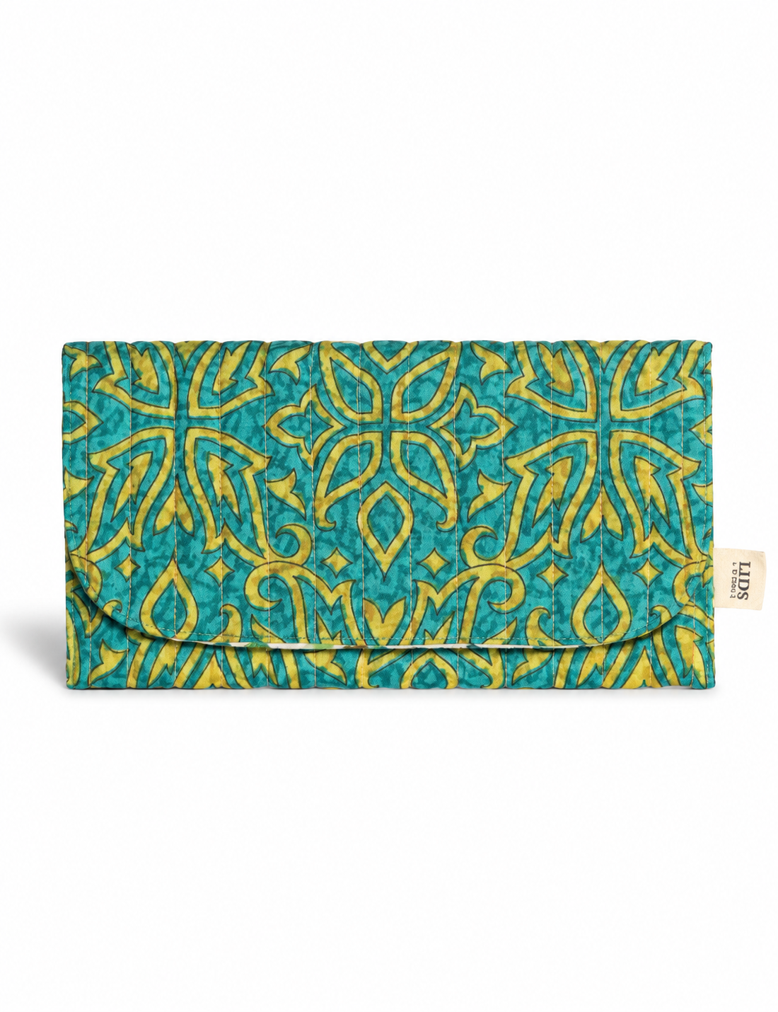 Quilted sunglasses case made from recycled sari products, featuring a secure magnetic closure. A chic example of ethical fashion, conscious clothing, and carbon neutral fashion. Protect your sunglasses while embracing circular fashion and upcycled garments.