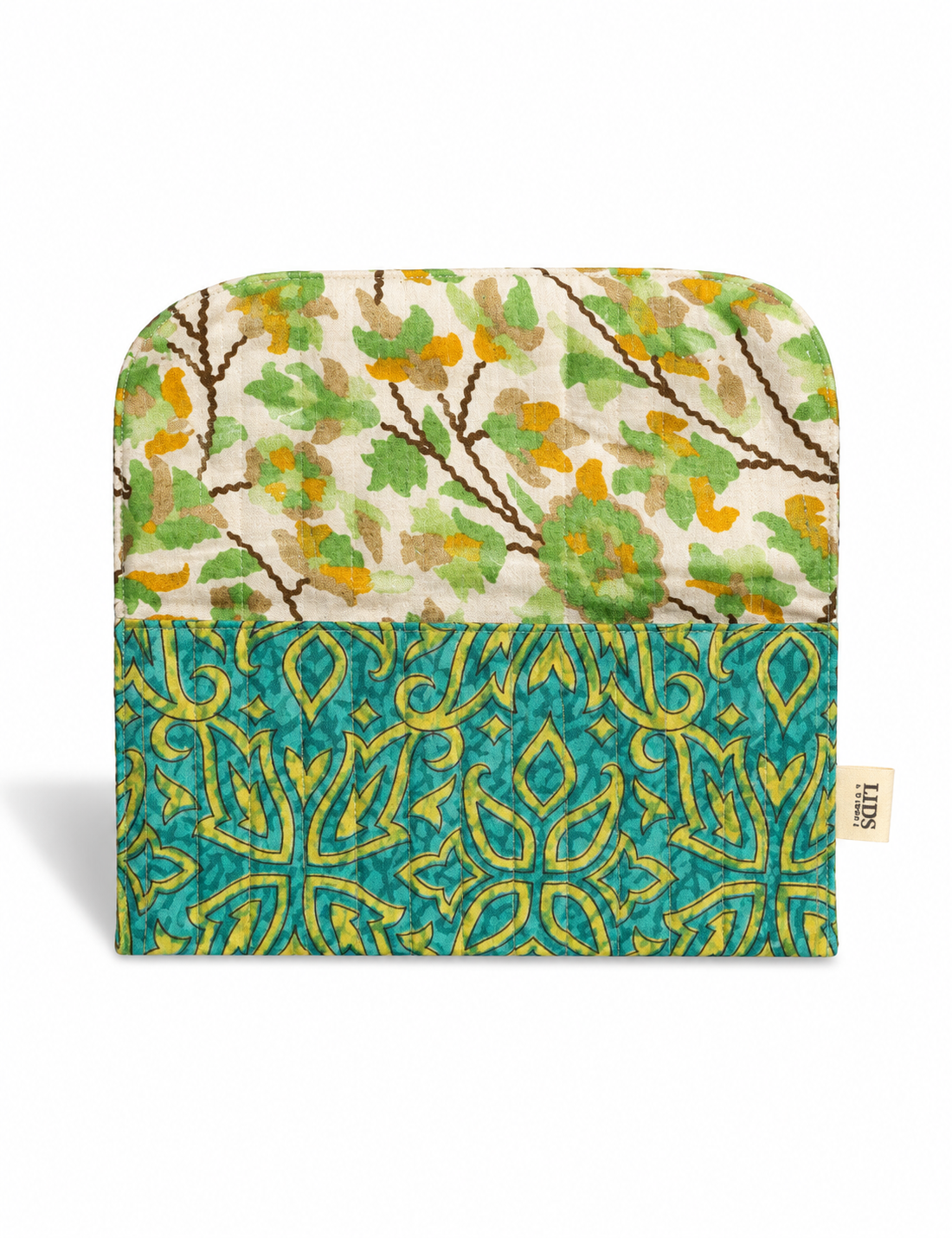 Quilted sunglasses case made from recycled sari products, featuring a secure magnetic closure. A chic example of ethical fashion, conscious clothing, and carbon neutral fashion. Protect your sunglasses while embracing circular fashion and upcycled garments.