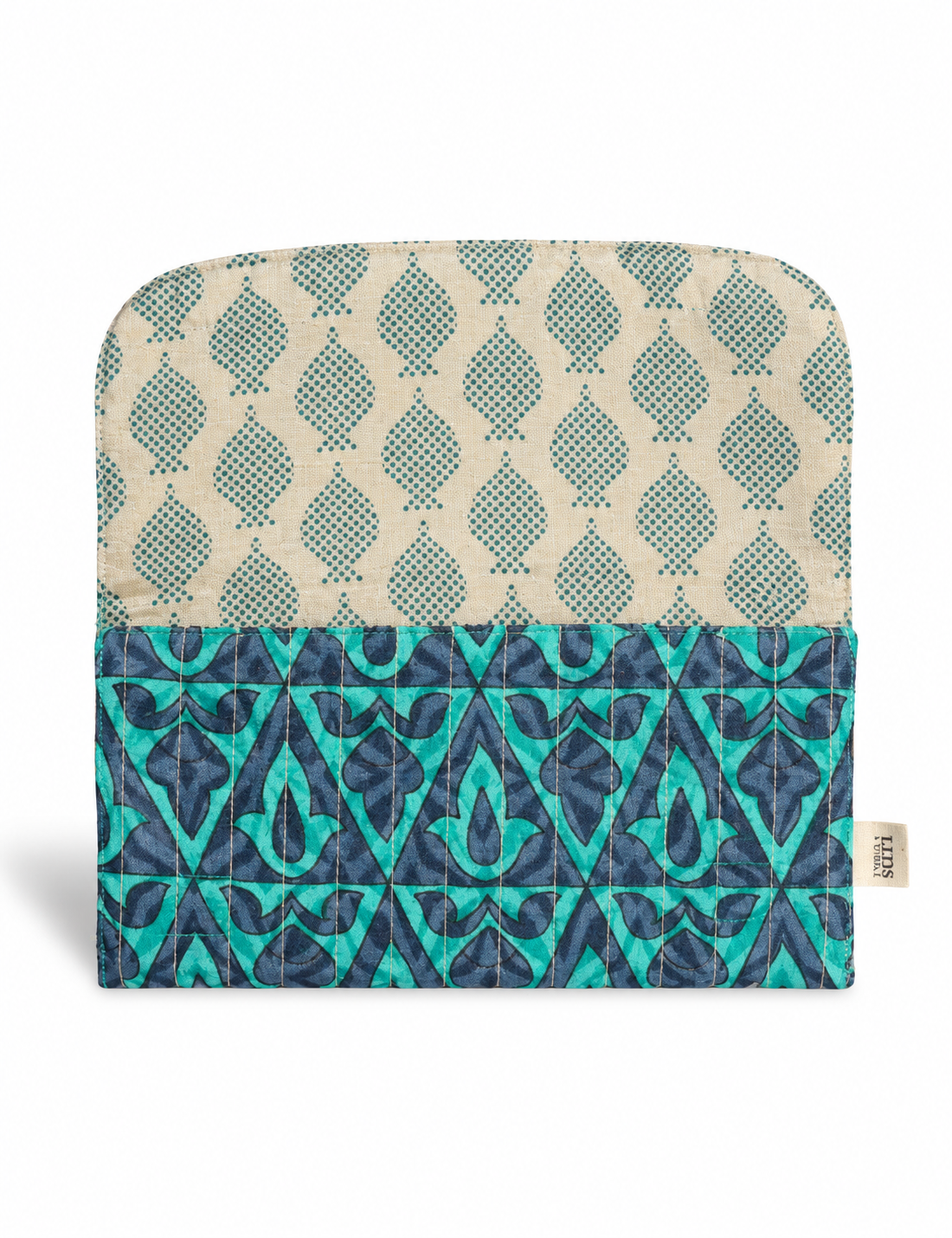 Quilted sunglasses case made from recycled sari products, featuring a secure magnetic closure. A chic example of ethical fashion, conscious clothing, and carbon neutral fashion. Protect your sunglasses while embracing circular fashion and upcycled garments.