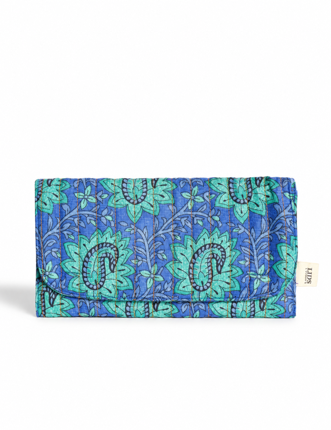 Quilted sunglasses case made from recycled sari products, featuring a secure magnetic closure. A chic example of ethical fashion, conscious clothing, and carbon neutral fashion. Protect your sunglasses while embracing circular fashion and upcycled garments.