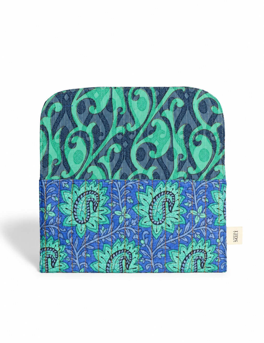 Quilted sunglasses case made from recycled sari products, featuring a secure magnetic closure. A chic example of ethical fashion, conscious clothing, and carbon neutral fashion. Protect your sunglasses while embracing circular fashion and upcycled garments.