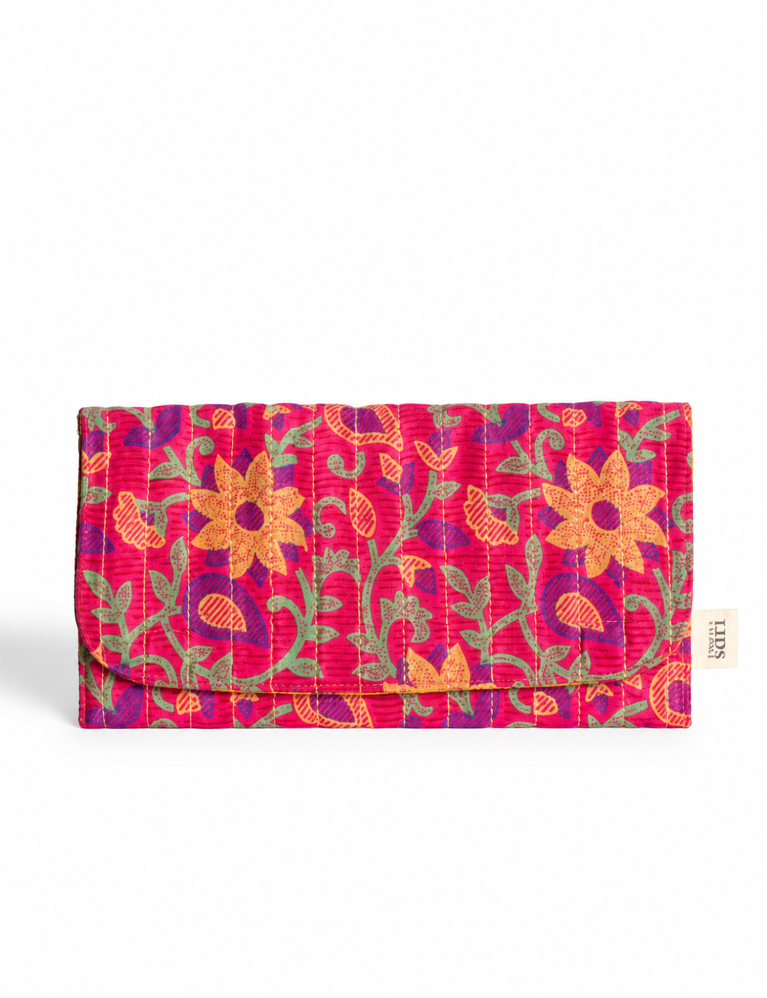 Quilted sunglasses case made from recycled sari products, featuring a secure magnetic closure. A chic example of ethical fashion, conscious clothing, and carbon neutral fashion. Protect your sunglasses while embracing circular fashion and upcycled garments.