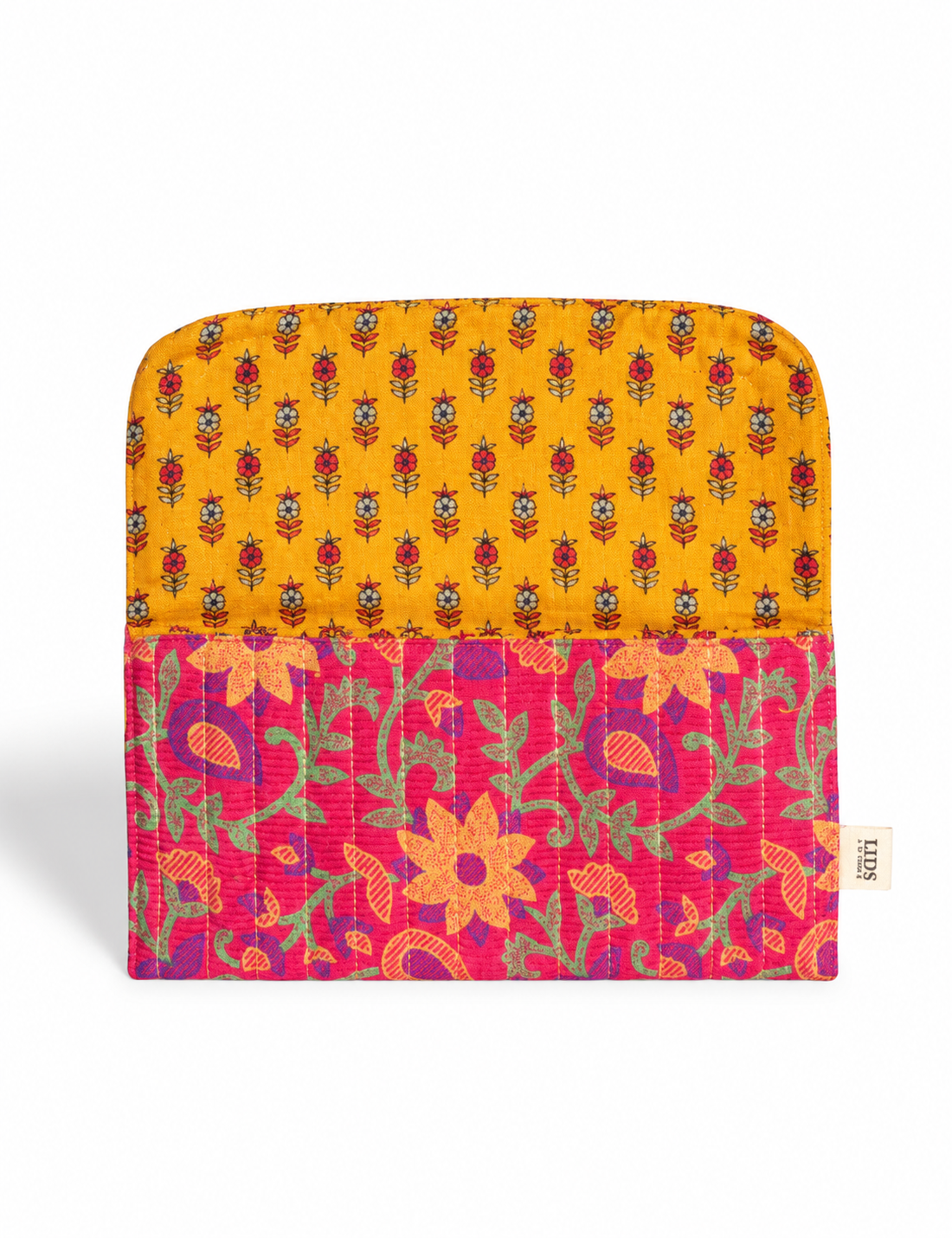 Quilted sunglasses case made from recycled sari products, featuring a secure magnetic closure. A chic example of ethical fashion, conscious clothing, and carbon neutral fashion. Protect your sunglasses while embracing circular fashion and upcycled garments.