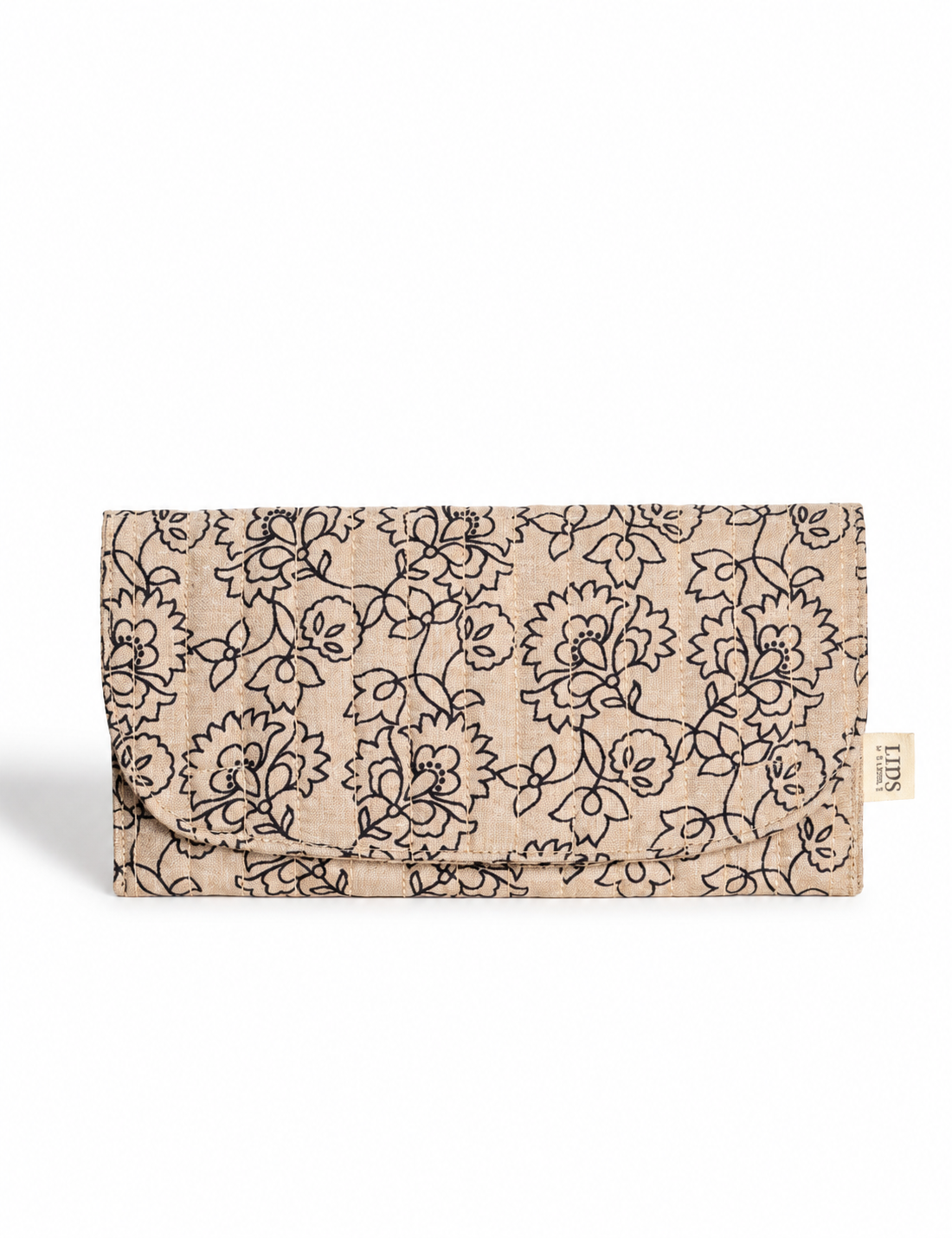 Quilted sunglasses case made from recycled sari products, featuring a secure magnetic closure. A chic example of ethical fashion, conscious clothing, and carbon neutral fashion. Protect your sunglasses while embracing circular fashion and upcycled garments.