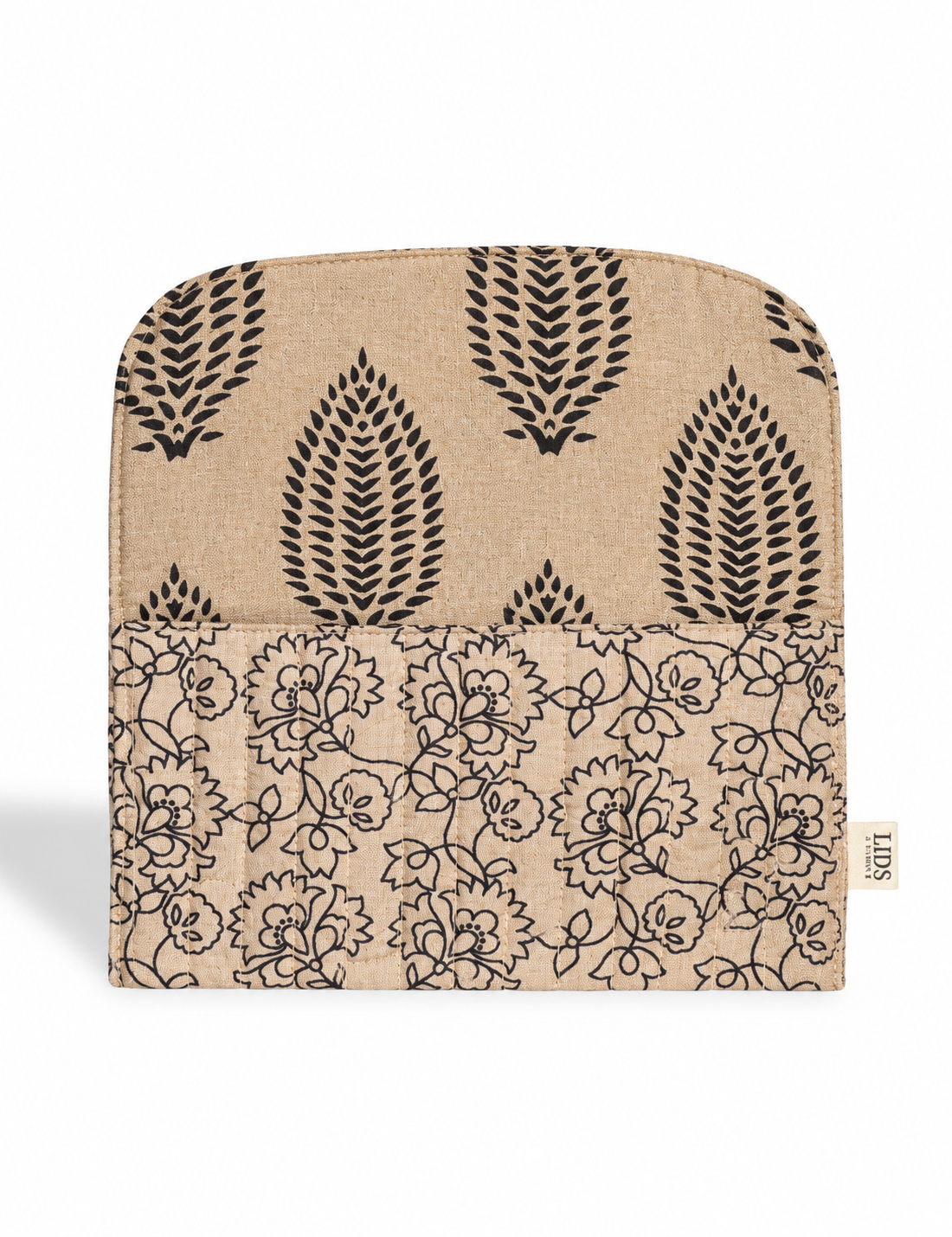 Quilted sunglasses case made from recycled sari products, featuring a secure magnetic closure. A chic example of ethical fashion, conscious clothing, and carbon neutral fashion. Protect your sunglasses while embracing circular fashion and upcycled garments.