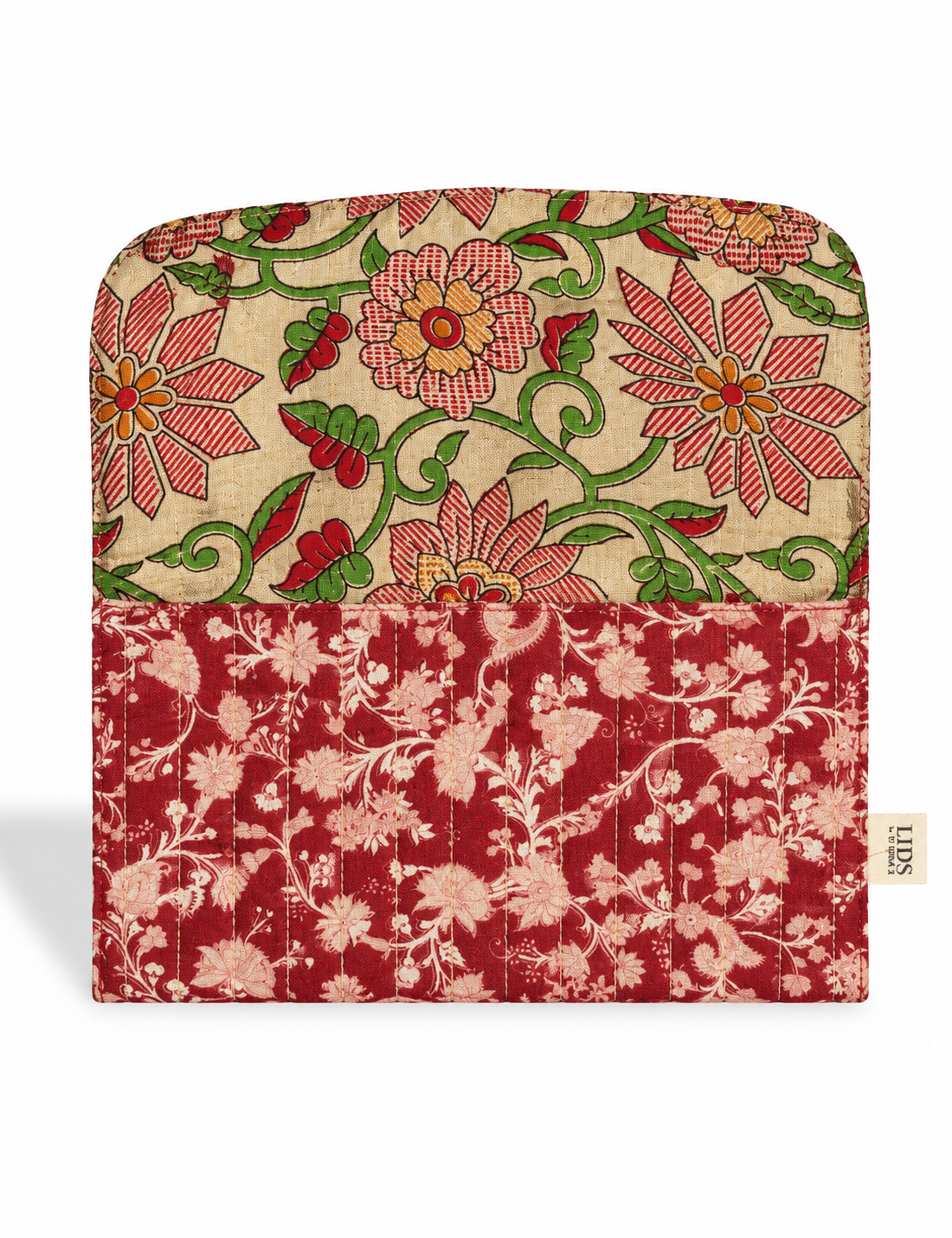 Quilted sunglasses case made from recycled sari products, featuring a secure magnetic closure. A chic example of ethical fashion, conscious clothing, and carbon neutral fashion. Protect your sunglasses while embracing circular fashion and upcycled garments.