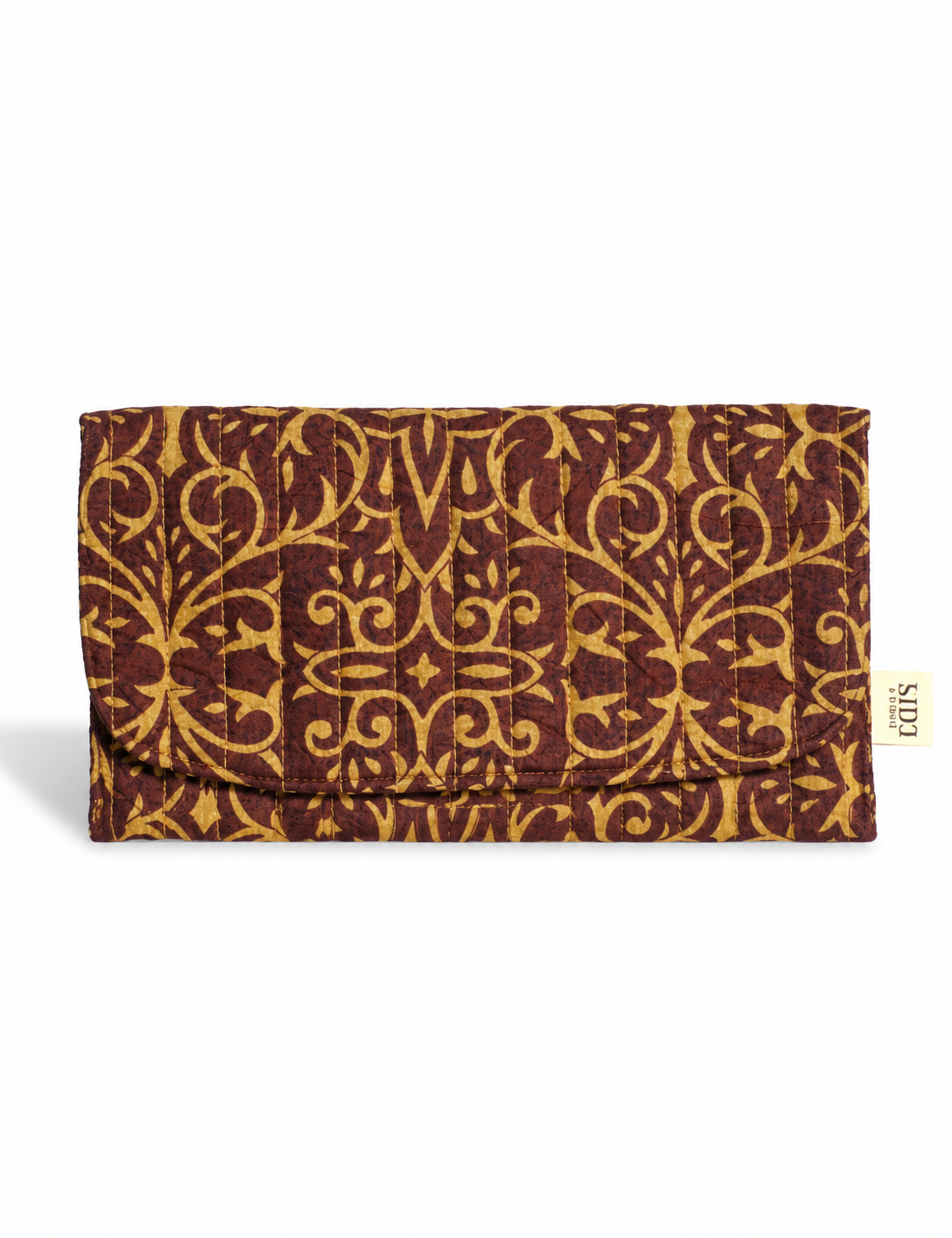 Quilted sunglasses case made from recycled sari products, featuring a secure magnetic closure. A chic example of ethical fashion, conscious clothing, and carbon neutral fashion. Protect your sunglasses while embracing circular fashion and upcycled garments.