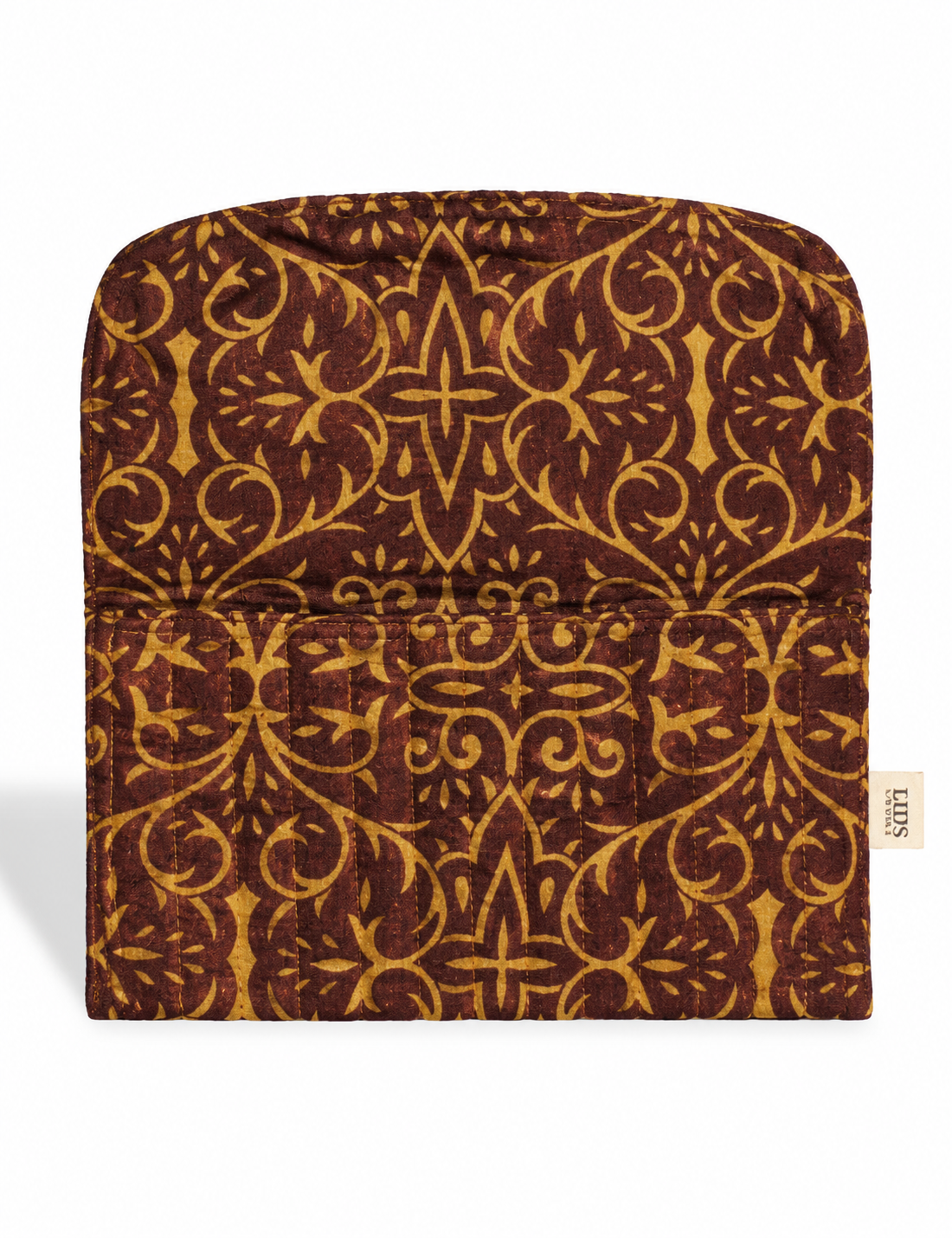 Quilted sunglasses case made from recycled sari products, featuring a secure magnetic closure. A chic example of ethical fashion, conscious clothing, and carbon neutral fashion. Protect your sunglasses while embracing circular fashion and upcycled garments.
