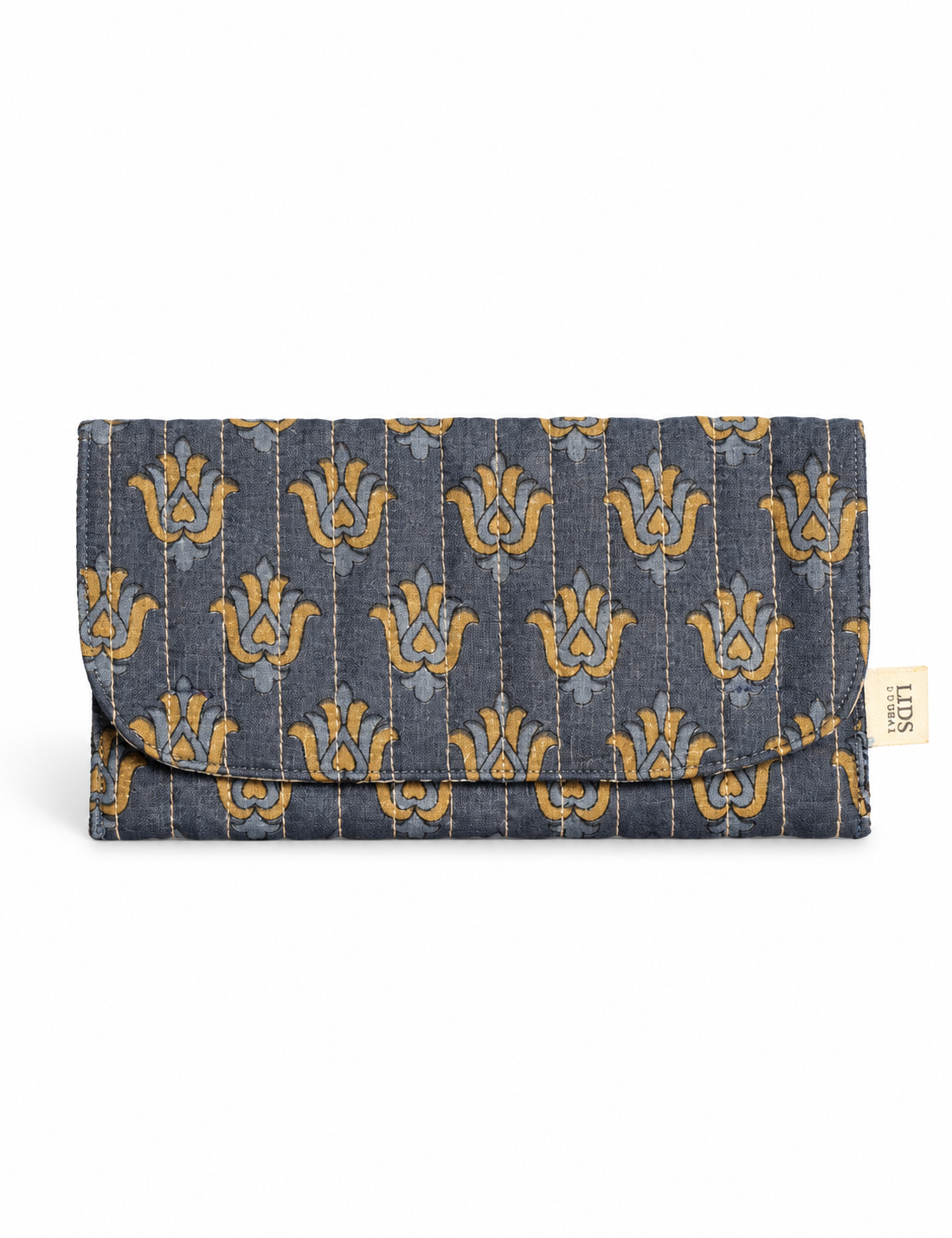 Quilted sunglasses case made from recycled sari products, featuring a secure magnetic closure. A chic example of ethical fashion, conscious clothing, and carbon neutral fashion. Protect your sunglasses while embracing circular fashion and upcycled garments.