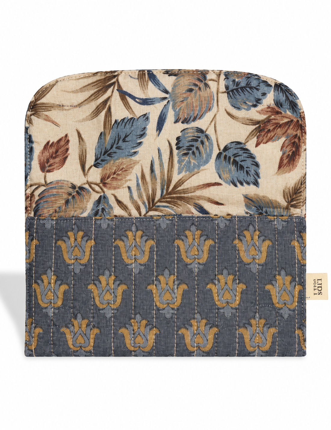 Quilted sunglasses case made from recycled sari products, featuring a secure magnetic closure. A chic example of ethical fashion, conscious clothing, and carbon neutral fashion. Protect your sunglasses while embracing circular fashion and upcycled garments.