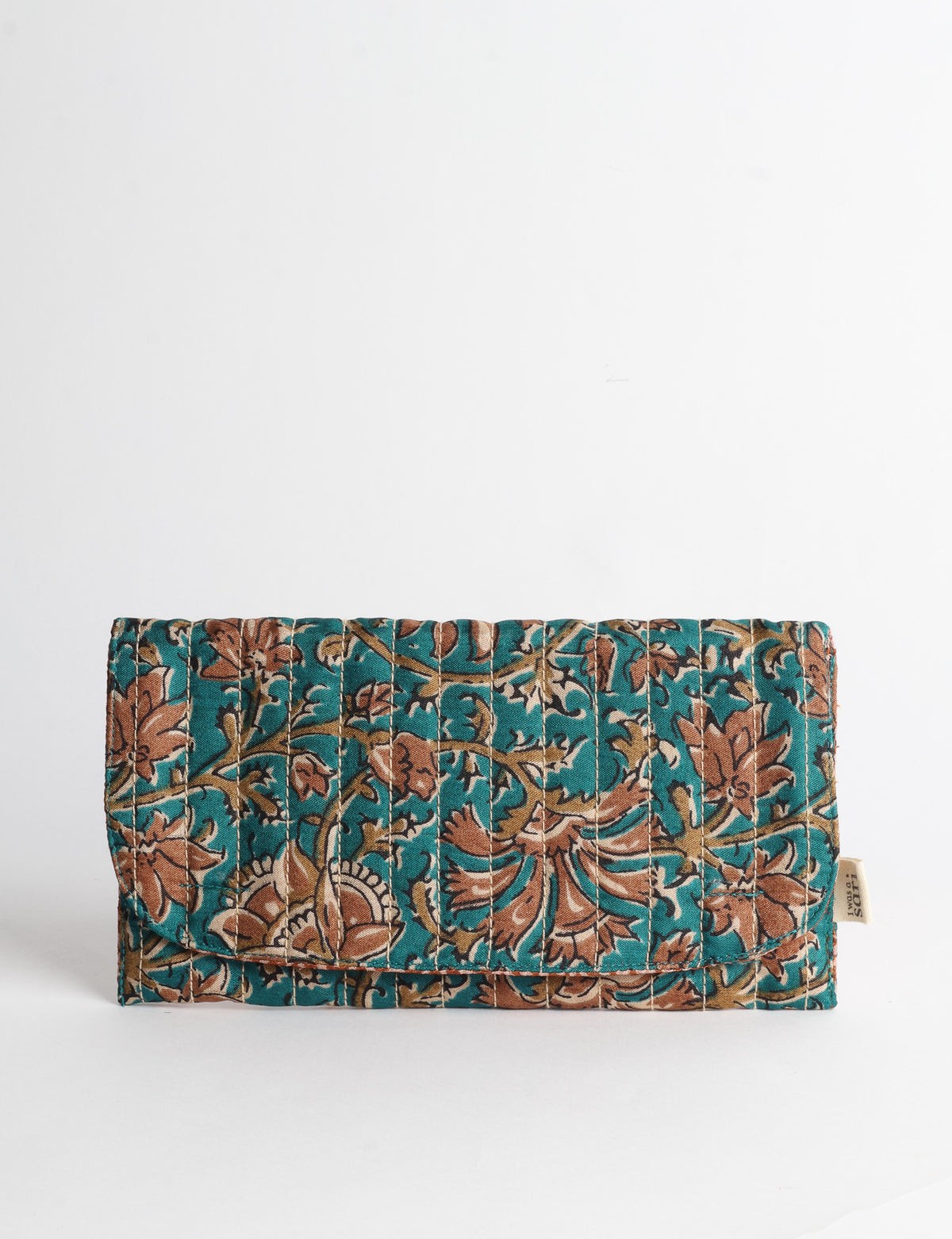 Quilted sunglasses case made from recycled sari products, featuring a secure magnetic closure. A chic example of ethical fashion, conscious clothing, and carbon neutral fashion. Protect your sunglasses while embracing circular fashion and upcycled garments.