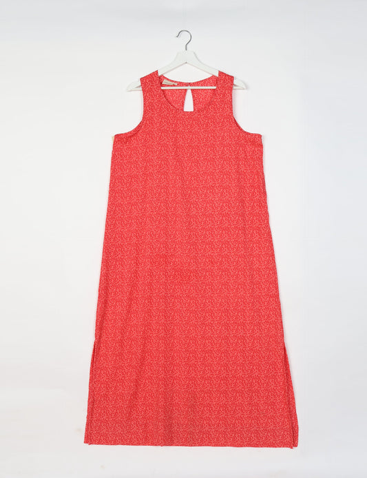 Sleeveless A-Line maxi dress made from recycled saris, showcasing eco clothing and green fashion. A chic example of upcycled women's clothing and climate neutral clothing, perfect for fans of circular fashion, carbon neutral fashion, and products made from textile waste.