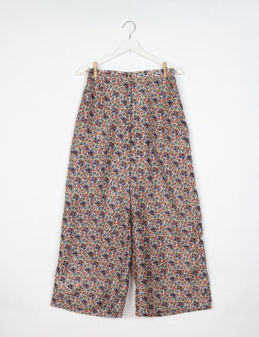 Upcycled women’s wide leg pants made from preloved saris, showcasing eco friendly clothes, zero waste clothing, and carbon neutral fashion.