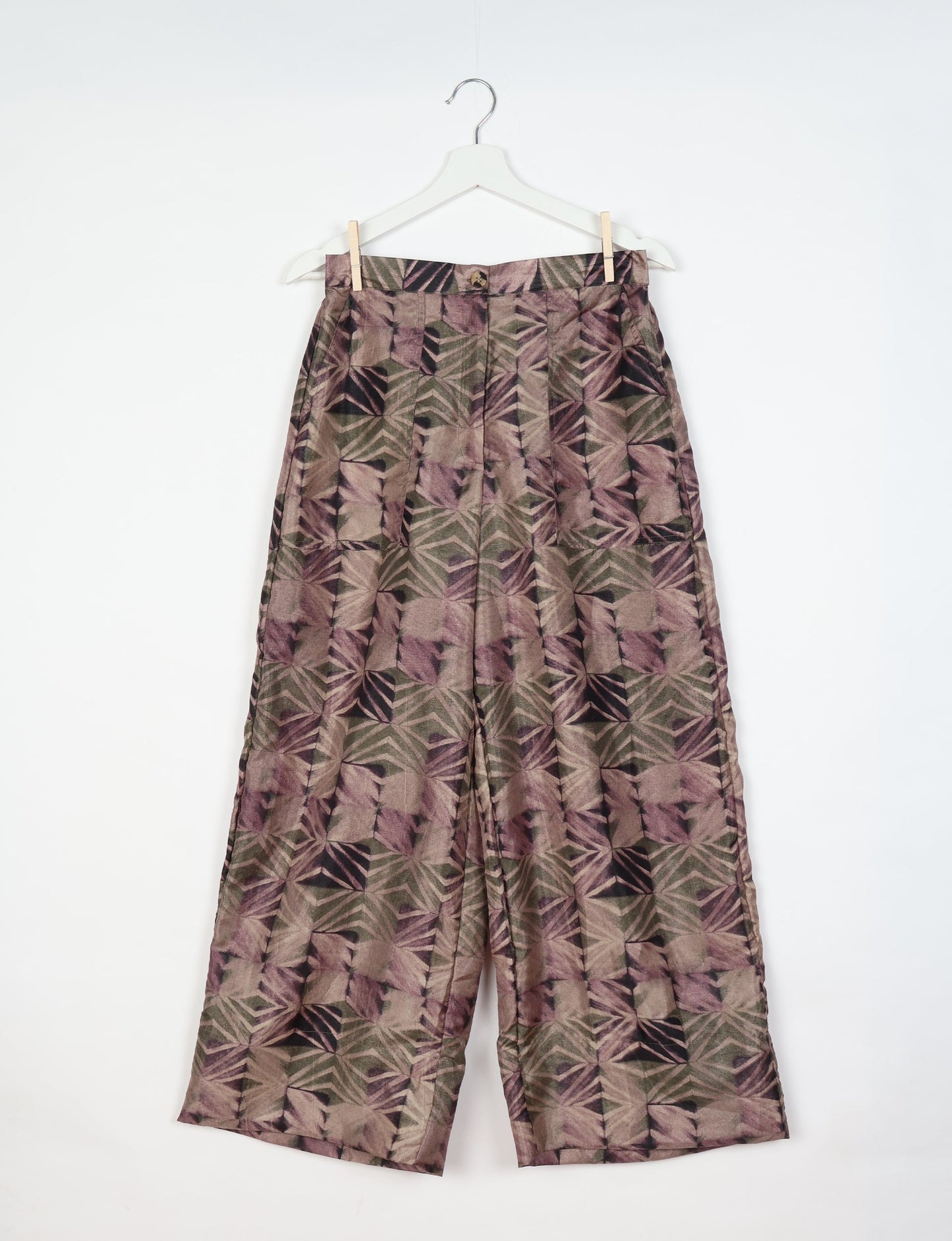 Upcycled women’s wide leg pants made from preloved saris, showcasing eco friendly clothes, zero waste clothing, and carbon neutral fashion.