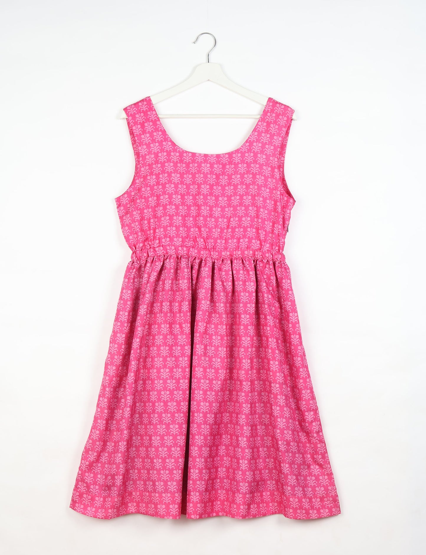 Upcycled women’s fit and flare dress made from recycled sari products, showcasing environment friendly clothing and green fashion design — an eco clothing choice for conscious clothing lovers and sustainable women’s fashion enthusiasts.