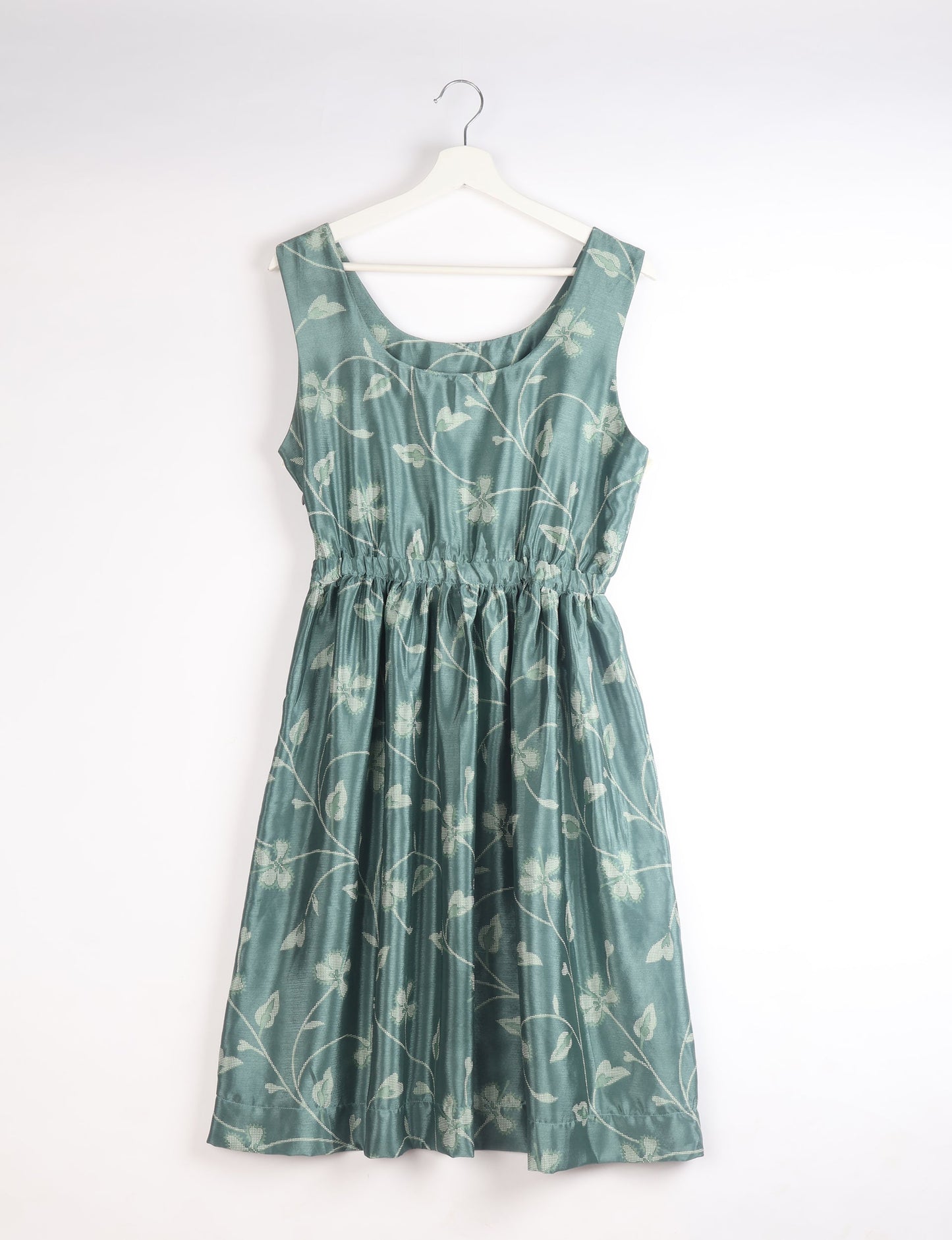 Upcycled women’s fit and flare dress made from recycled sari products, showcasing environment friendly clothing and green fashion design — an eco clothing choice for conscious clothing lovers and sustainable women’s fashion enthusiasts.