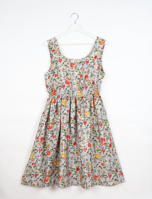 Upcycled women’s fit and flare dress made from recycled sari products, showcasing environment friendly clothing and green fashion design — an eco clothing choice for conscious clothing lovers and sustainable women’s fashion enthusiasts.