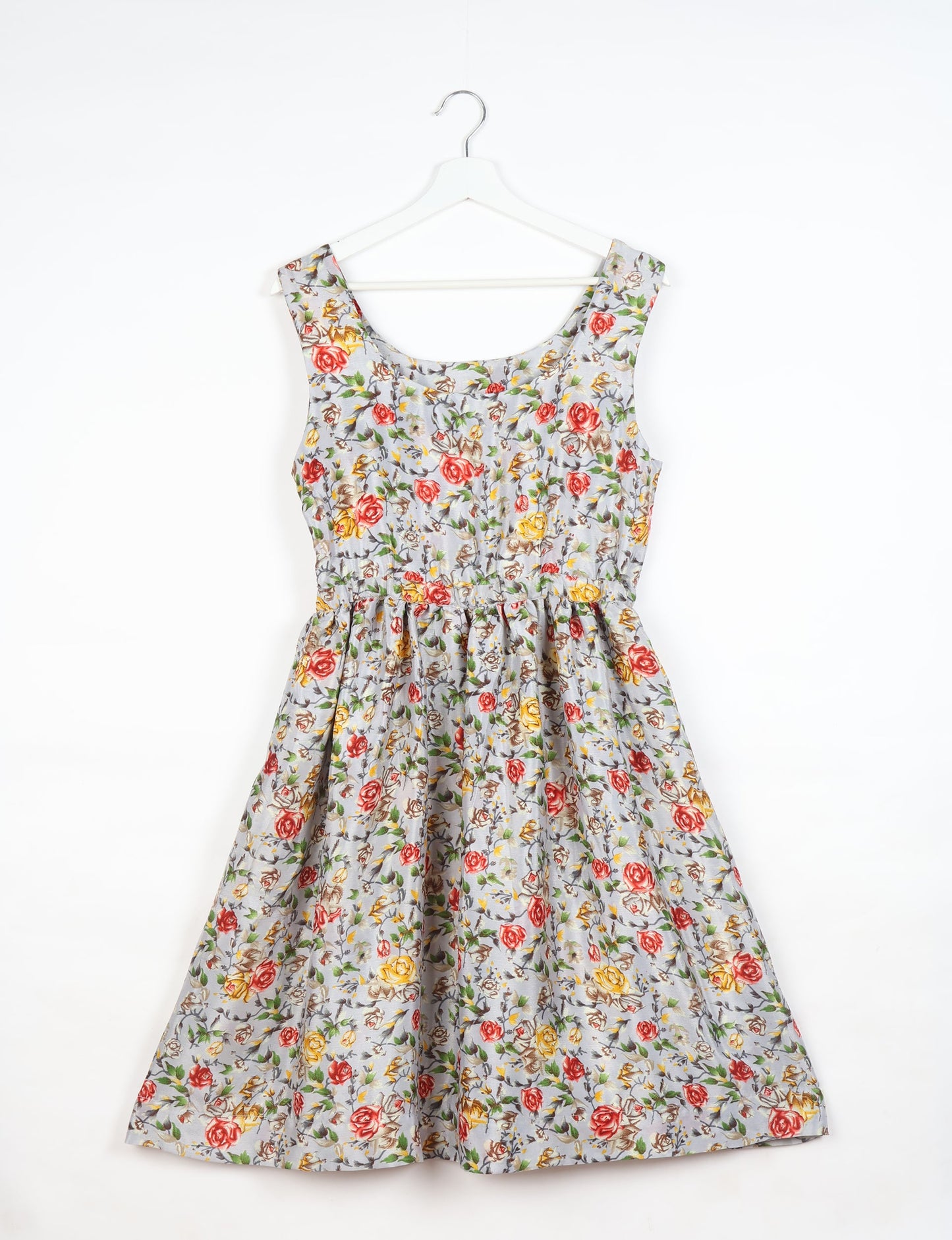 Upcycled women’s fit and flare dress made from recycled sari products, showcasing environment friendly clothing and green fashion design — an eco clothing choice for conscious clothing lovers and sustainable women’s fashion enthusiasts.